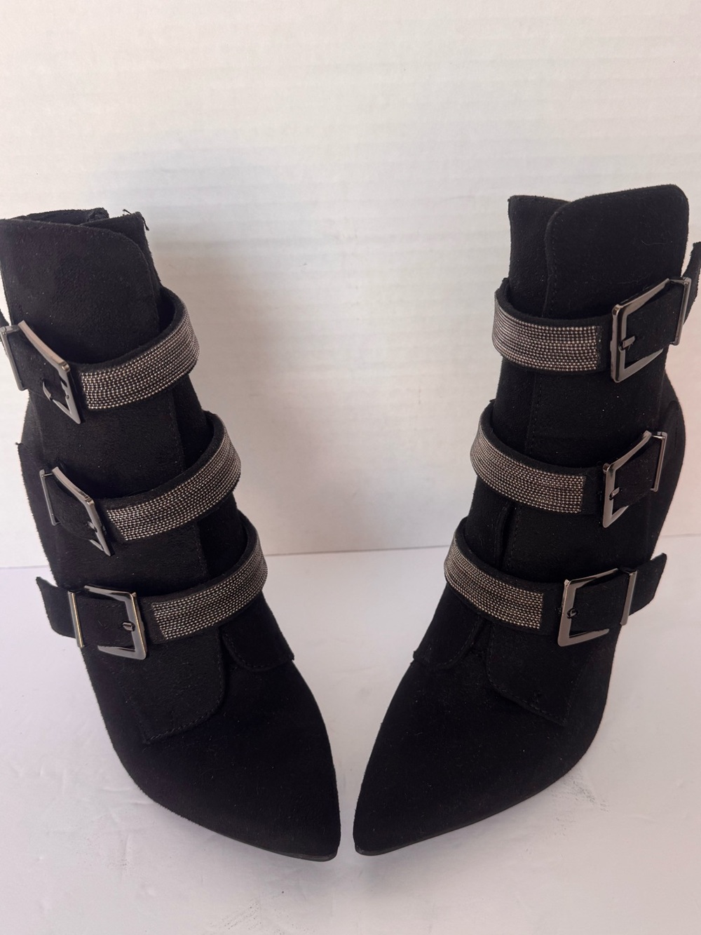 VENUS Black Faux Suede Triple Buckle Rhinestone Accent Stiletto Ankle Boots
